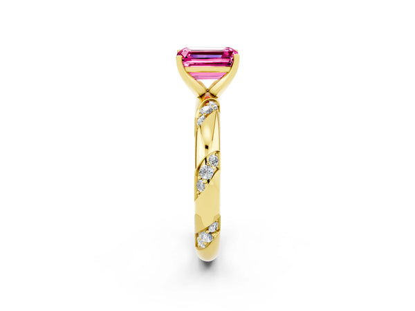 Yellow gold Emerald Cut Pink Sapphire Solitaire Engagement Ring with Twisted Round  Accent Band and Prong Setting
