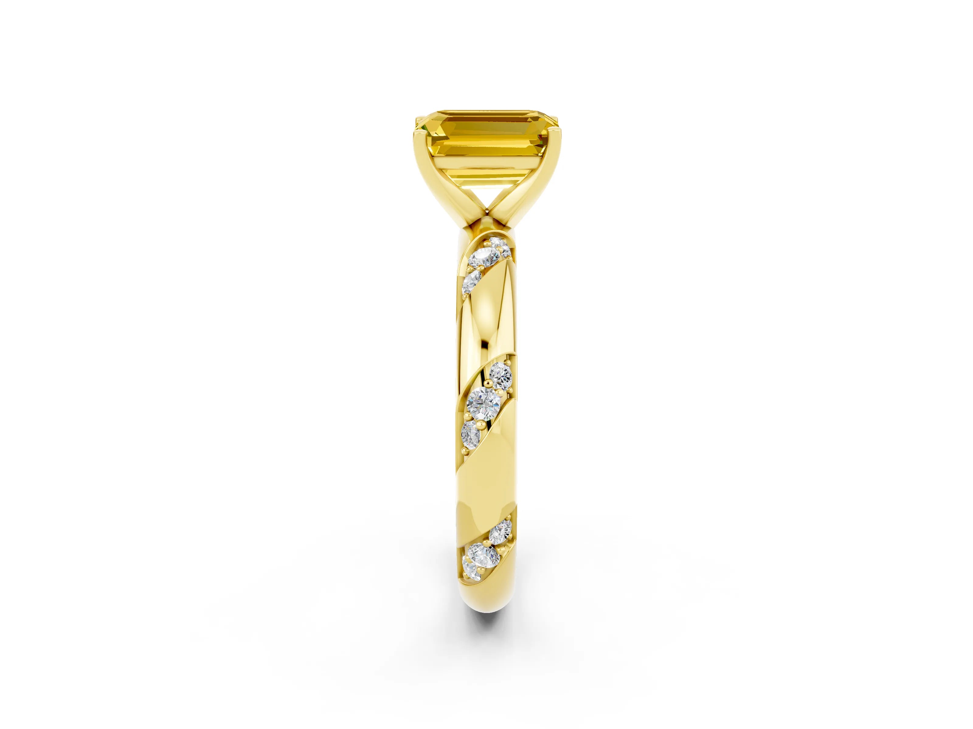 Yellow gold Emerald Cut Solitaire Diamond Engagement Ring with Twisted Pave Band and Four-Prong Setting_2