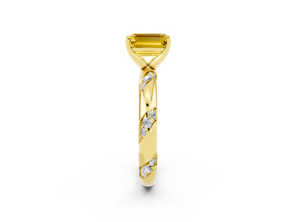Yellow gold Emerald Cut Yellow Sapphire Solitaire Engagement Ring with Twisted Round  Accent Band and Prong Setting
