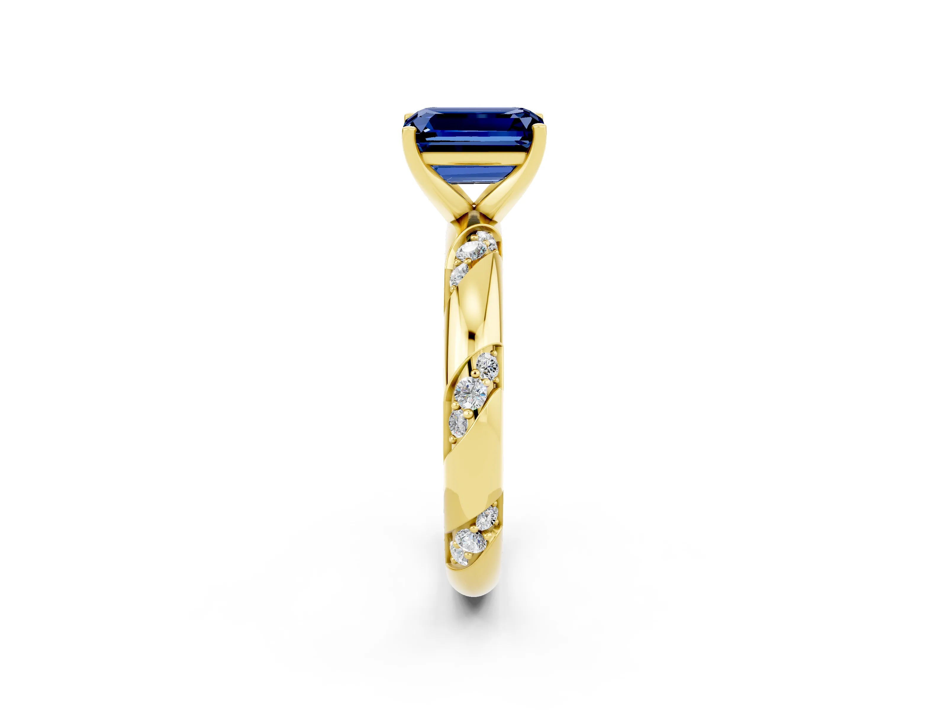 Yellow gold Emerald Cut Solitaire Diamond Engagement Ring with Twisted Pave Band and Four-Prong Setting_2