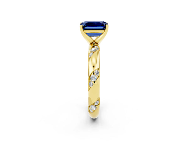 Yellow gold Emerald Cut Blue Sapphire Solitaire Engagement Ring with Twisted Round  Accent Band and Prong Setting