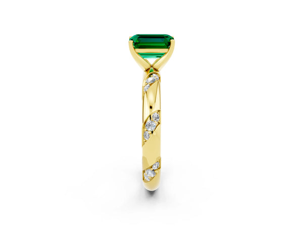 Yellow gold Emerald Cut Emerald Solitaire Engagement Ring with Twisted Round  Accent Band and Prong Setting