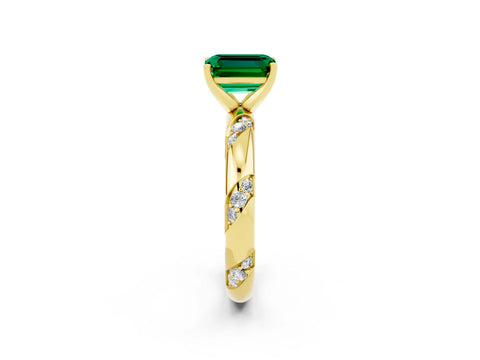 Yellow gold Emerald Cut Solitaire Diamond Engagement Ring with Twisted Pave Band and Four-Prong Setting_2