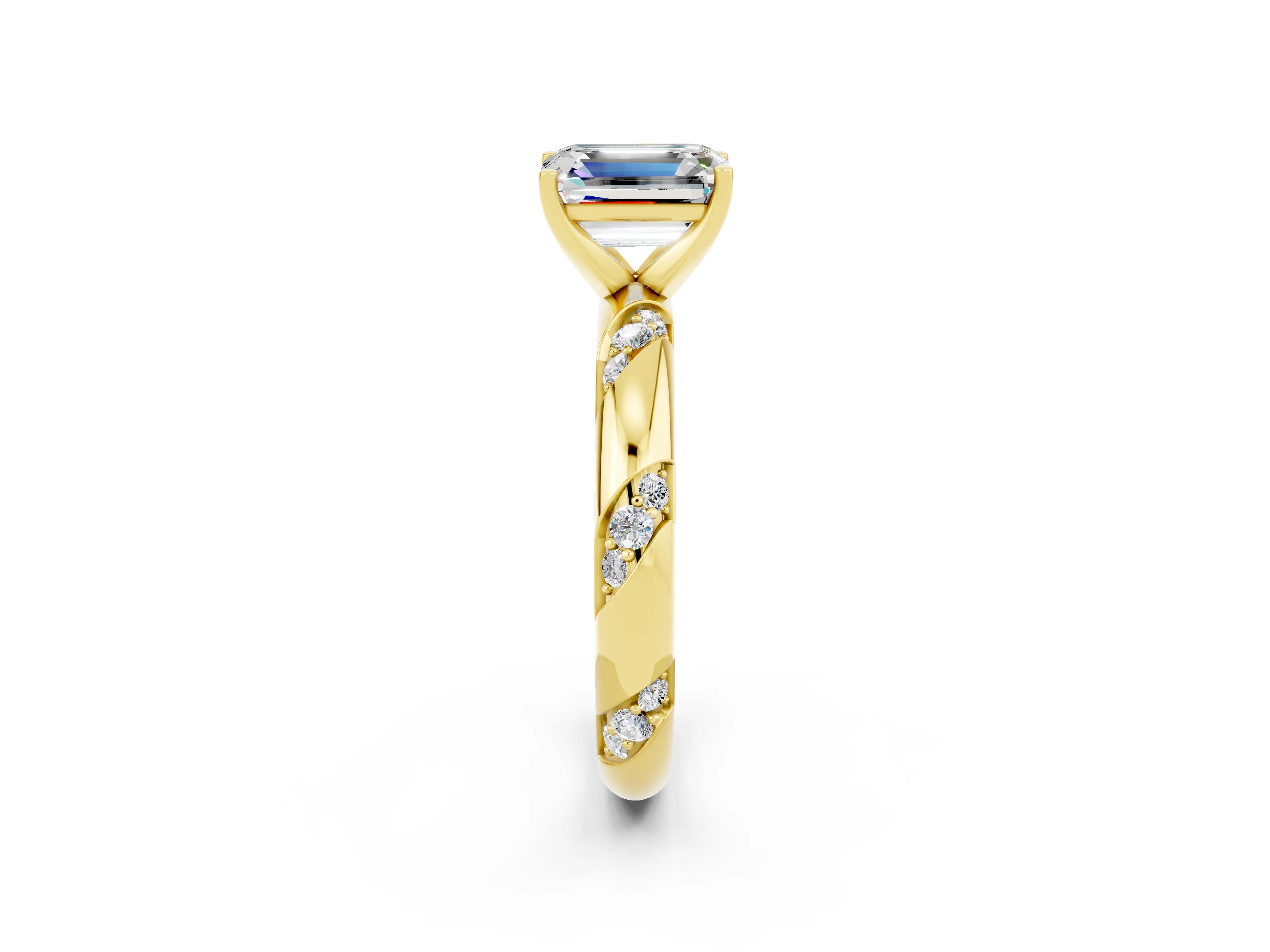 Yellow gold Emerald Cut Solitaire Diamond Engagement Ring with Twisted Pave Band and Four-Prong Setting_2