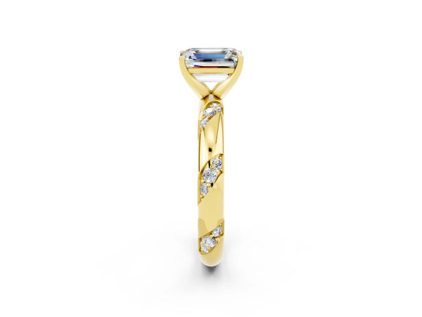 Yellow gold Emerald Cut Moissanite Solitaire Engagement Ring with Twisted Round  Accent Band and Prong Setting