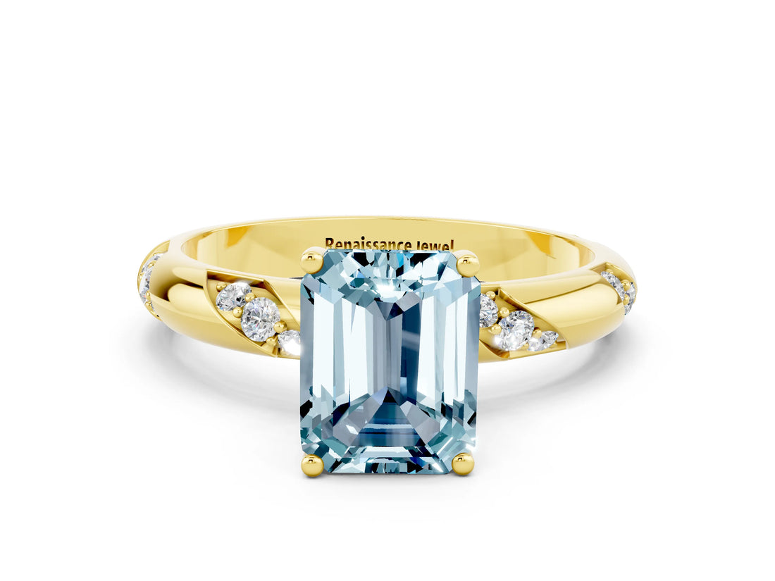 Yellow gold Emerald Cut Solitaire Diamond Engagement Ring with Twisted Pave Band and Four-Prong Setting