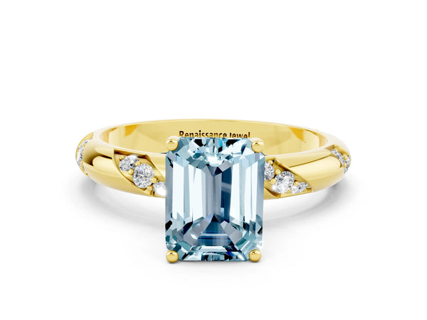 Yellow gold Emerald Cut Aquamarine Solitaire Engagement Ring with Twisted Round  Accent Band and Prong Setting