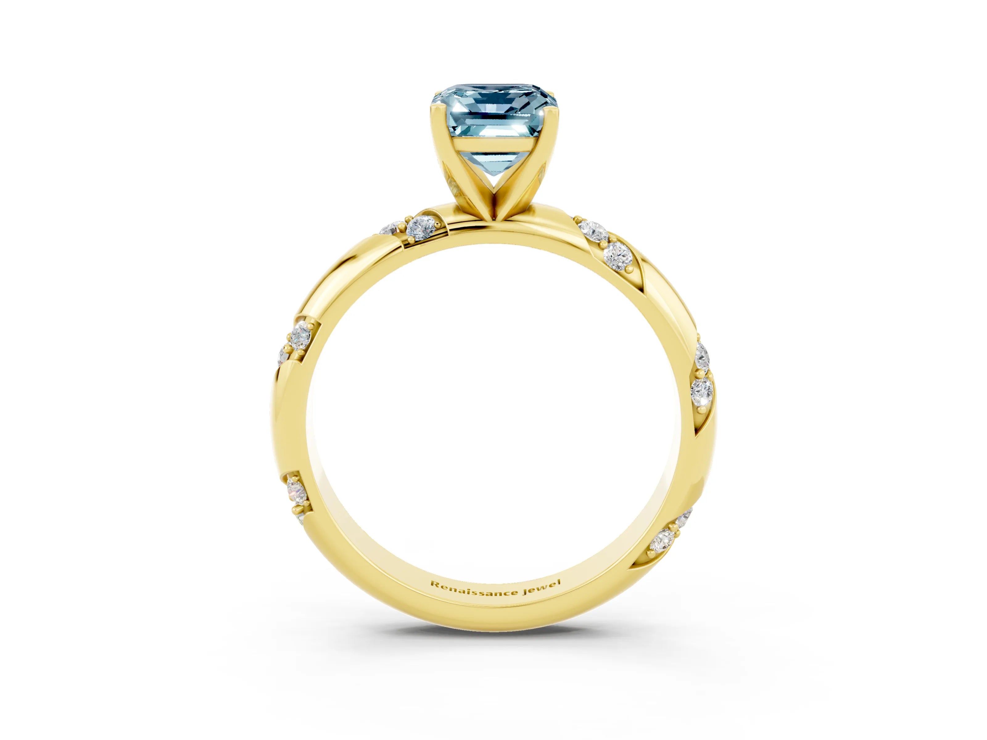 Yellow gold Emerald Cut Solitaire Diamond Engagement Ring with Twisted Pave Band and Four-Prong Setting_3