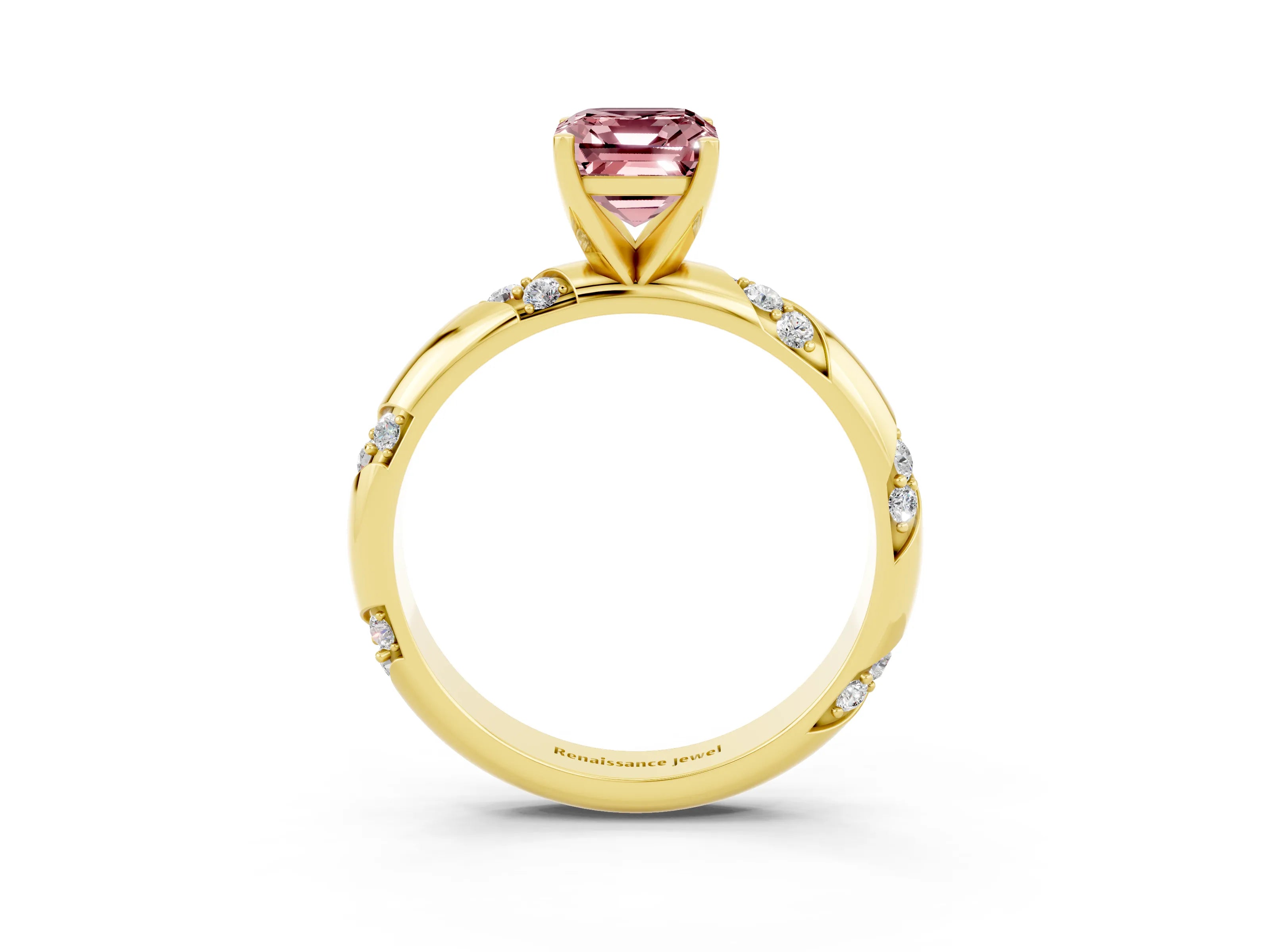 Yellow gold Emerald Cut Solitaire Diamond Engagement Ring with Twisted Pave Band and Four-Prong Setting_3