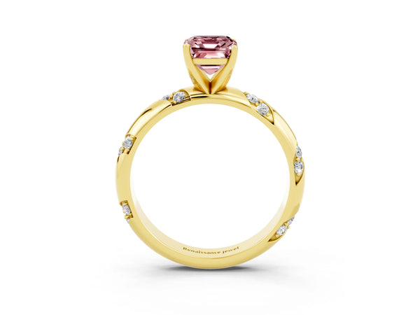 Yellow gold Emerald Cut Solitaire Diamond Engagement Ring with Twisted Pave Band and Four-Prong Setting