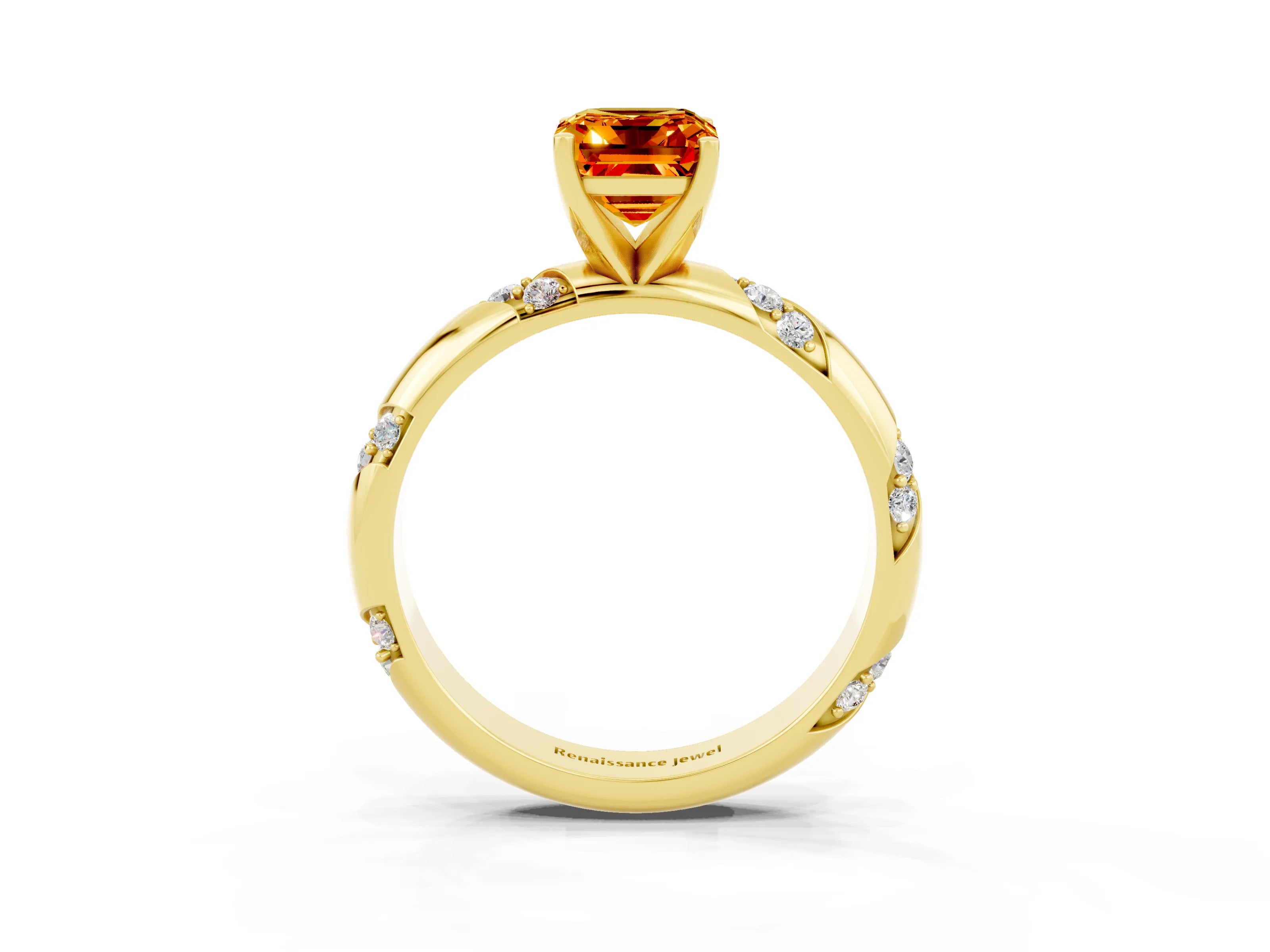 Yellow gold Emerald Cut Solitaire Diamond Engagement Ring with Twisted Pave Band and Four-Prong Setting_3