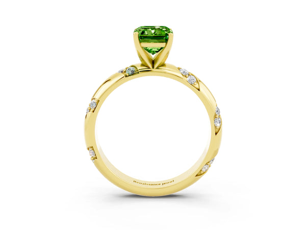 Yellow gold Emerald Cut Solitaire Diamond Engagement Ring with Twisted Pave Band and Four-Prong Setting