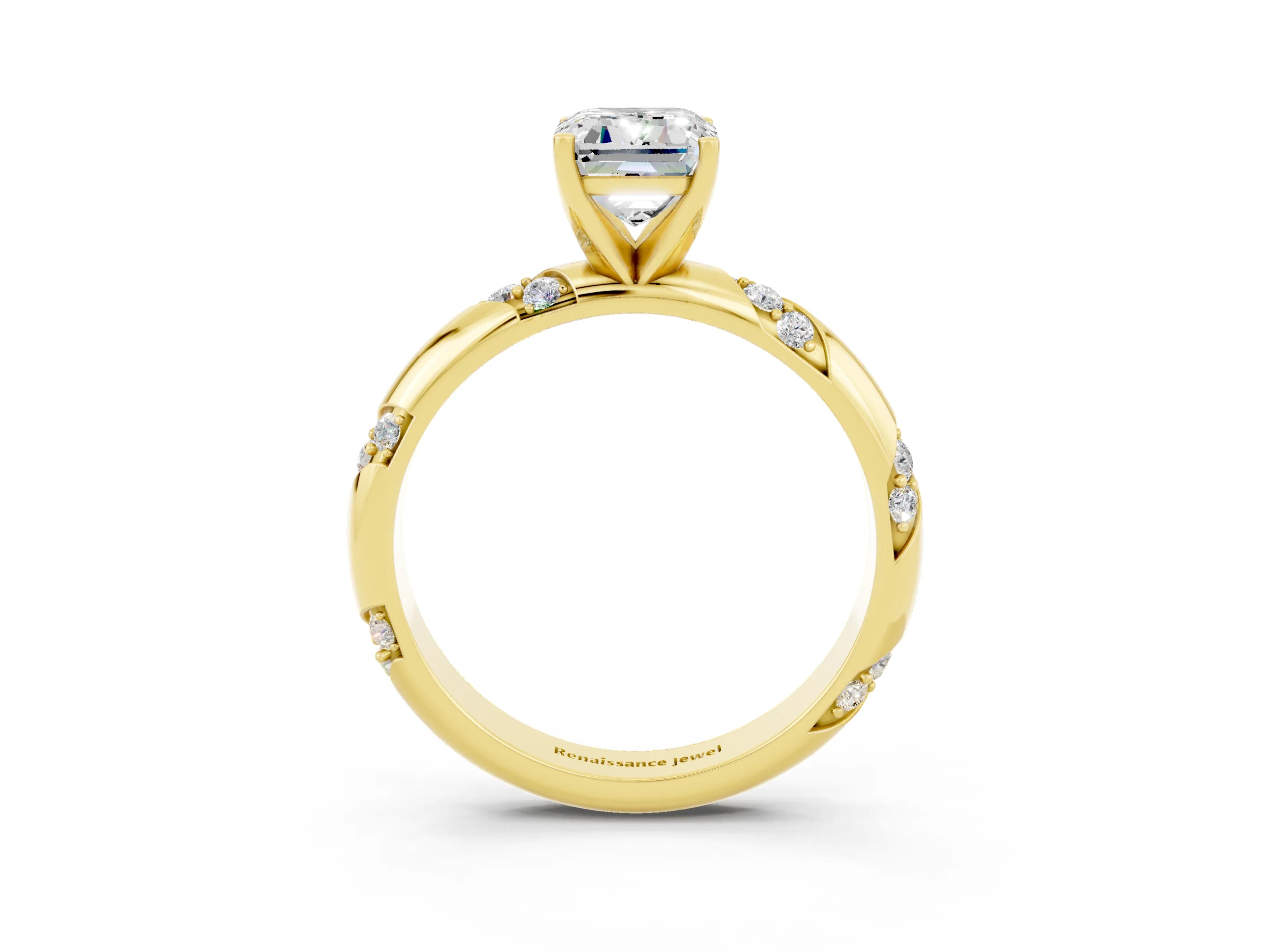 Yellow gold Emerald Cut Solitaire Diamond Engagement Ring with Twisted Pave Band and Four-Prong Setting_3