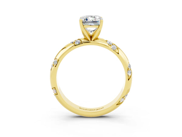 Yellow gold Emerald Cut Moissanite Solitaire Engagement Ring with Twisted Round  Accent Band and Prong Setting