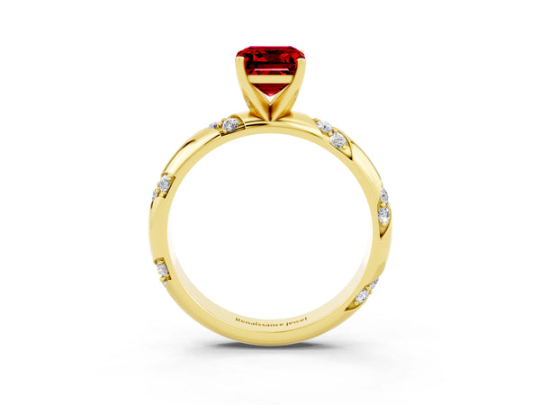 Yellow gold Emerald Cut Solitaire Diamond Engagement Ring with Twisted Pave Band and Four-Prong Setting