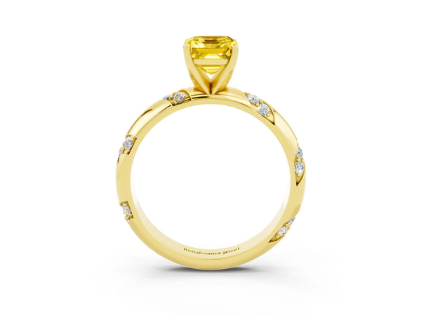 Yellow gold Emerald Cut Yellow Sapphire Solitaire Engagement Ring with Twisted Round  Accent Band and Prong Setting