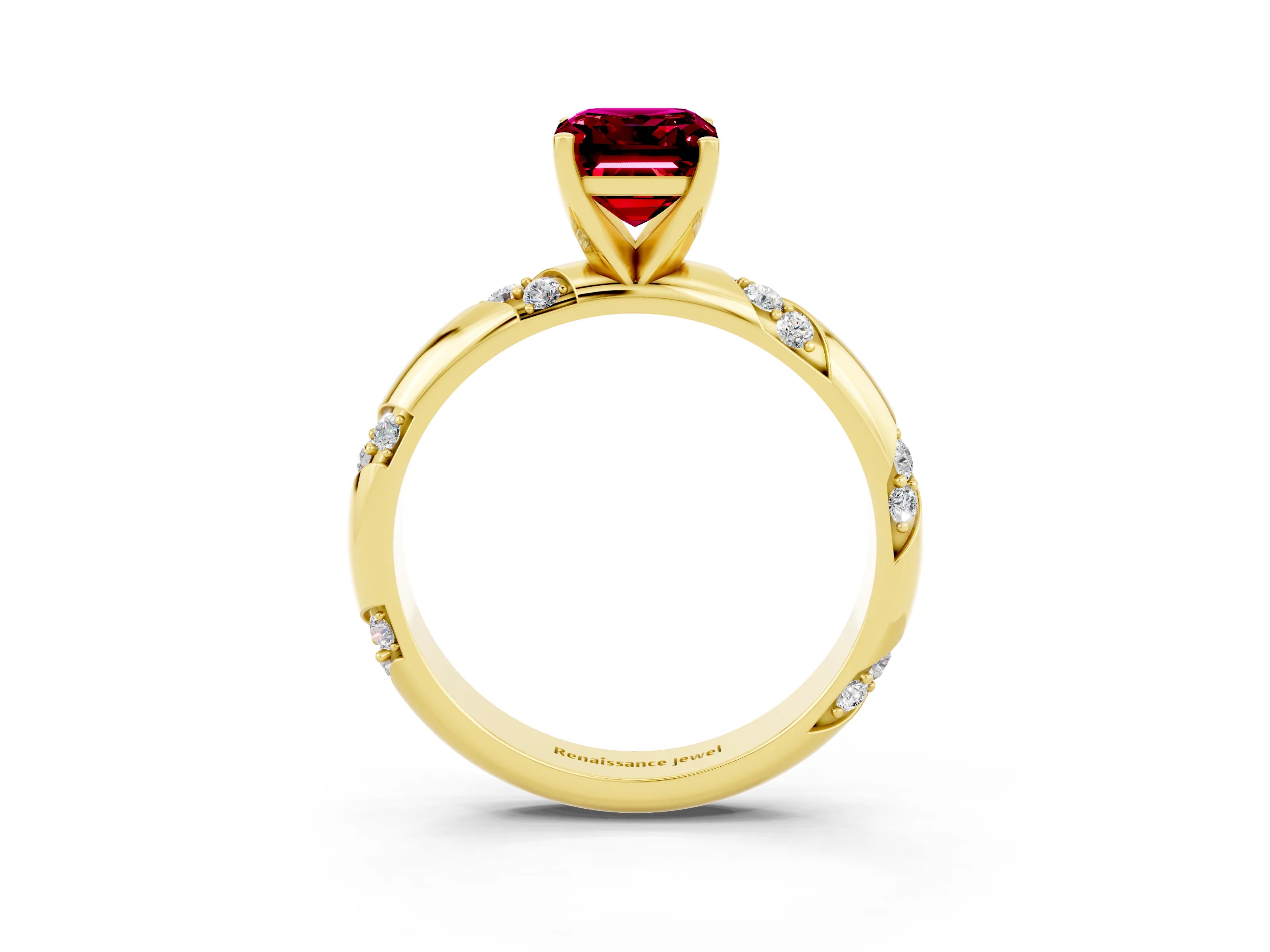 Yellow gold Emerald Cut Solitaire Diamond Engagement Ring with Twisted Pave Band and Four-Prong Setting_3