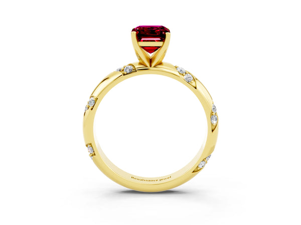Yellow gold Emerald Cut Garnet Solitaire Engagement Ring with Twisted Round  Accent Band and Prong Setting