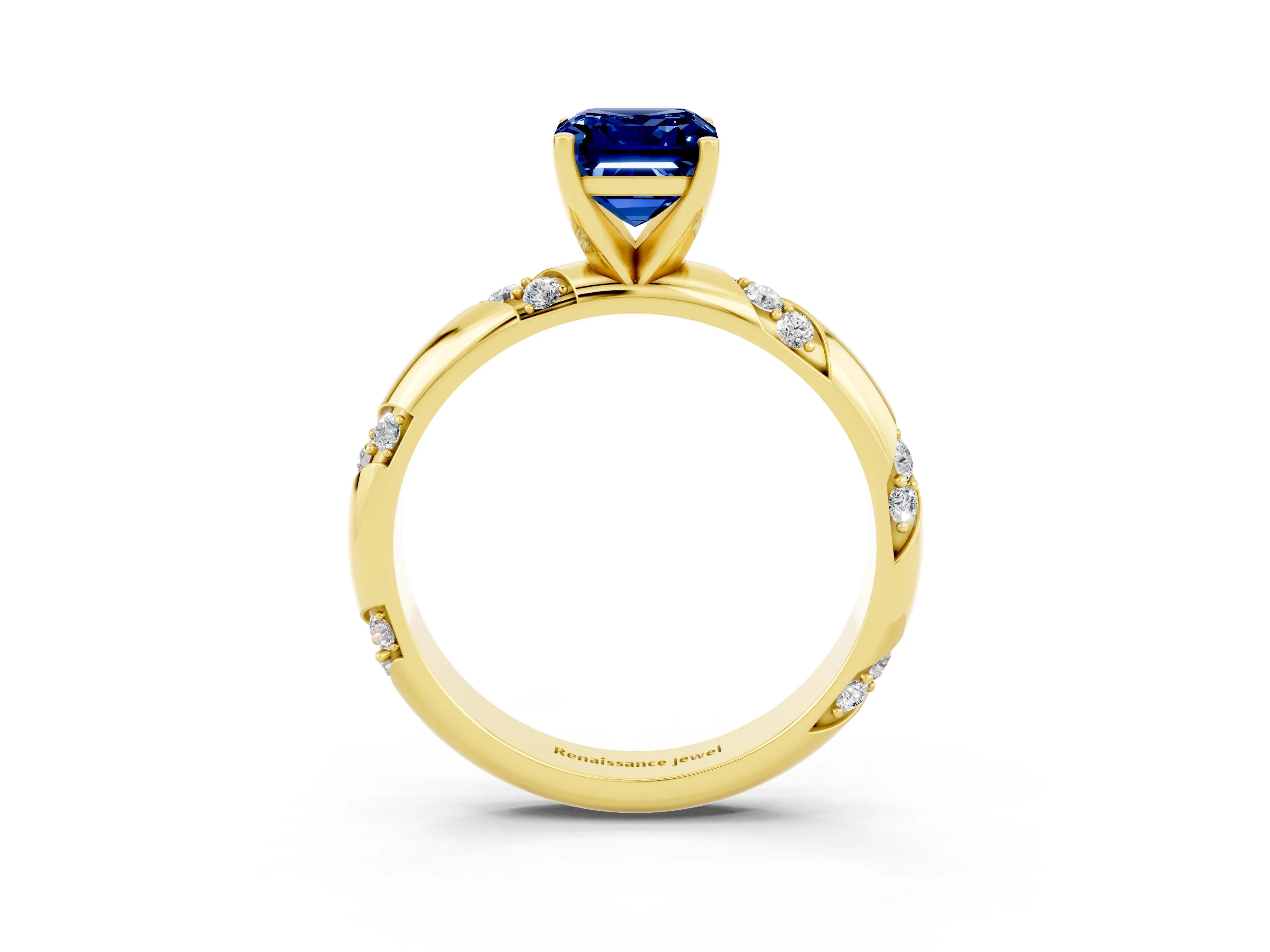 Yellow gold Emerald Cut Solitaire Diamond Engagement Ring with Twisted Pave Band and Four-Prong Setting_3