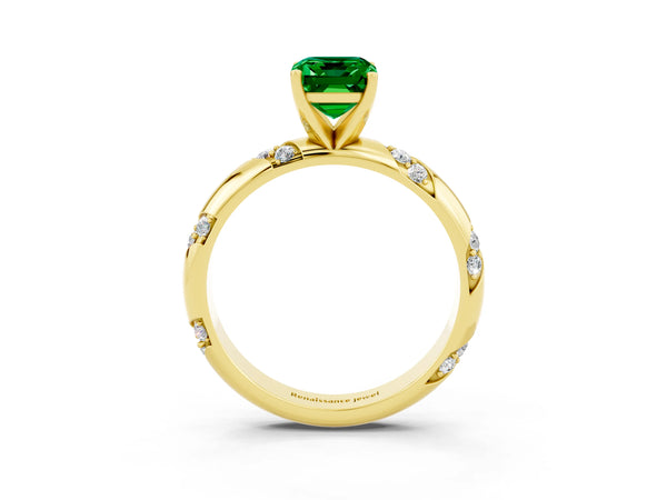 Yellow gold Emerald Cut Emerald Solitaire Engagement Ring with Twisted Round  Accent Band and Prong Setting