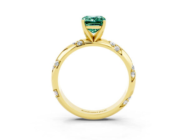 Yellow gold Emerald Cut Green Sapphire Solitaire Engagement Ring with Twisted Round  Accent Band and Prong Setting