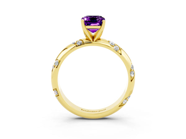 Yellow gold Emerald Cut Amethyst Solitaire Engagement Ring with Twisted Round  Accent Band and Prong Setting