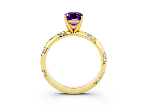Yellow gold Emerald Cut Solitaire Diamond Engagement Ring with Twisted Pave Band and Four-Prong Setting_3