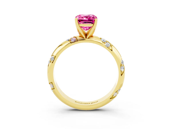 Yellow gold Emerald Cut Pink Sapphire Solitaire Engagement Ring with Twisted Round  Accent Band and Prong Setting