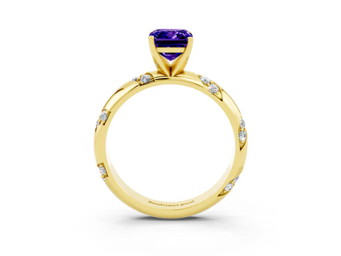 Yellow gold Emerald Cut Solitaire Diamond Engagement Ring with Twisted Pave Band and Four-Prong Setting_3