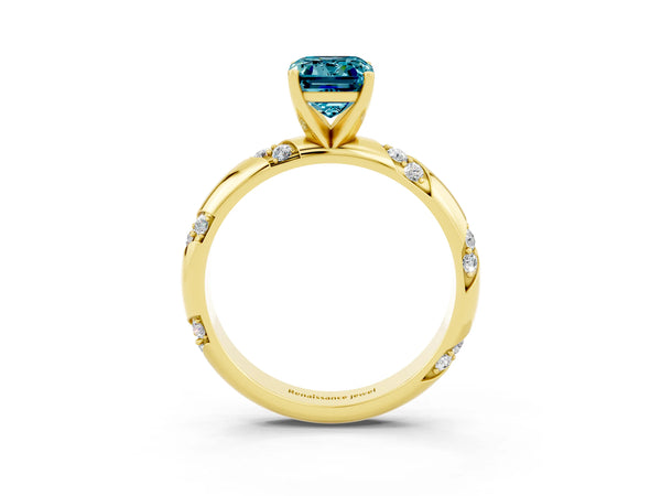 Yellow gold Emerald Cut Solitaire Diamond Engagement Ring with Twisted Pave Band and Four-Prong Setting