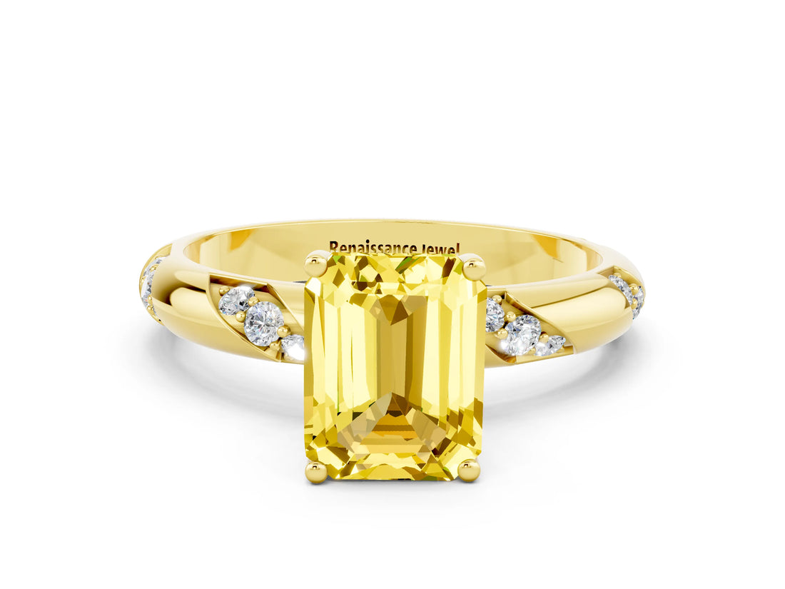 Yellow gold Emerald Cut Solitaire Diamond Engagement Ring with Twisted Pave Band and Four-Prong Setting
