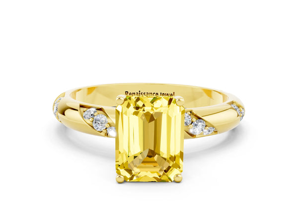 Yellow gold Emerald Cut Yellow Sapphire Solitaire Engagement Ring with Twisted Round  Accent Band and Prong Setting