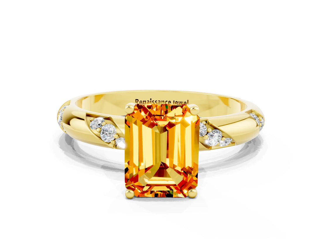 Yellow gold Emerald Cut Solitaire Diamond Engagement Ring with Twisted Pave Band and Four-Prong Setting