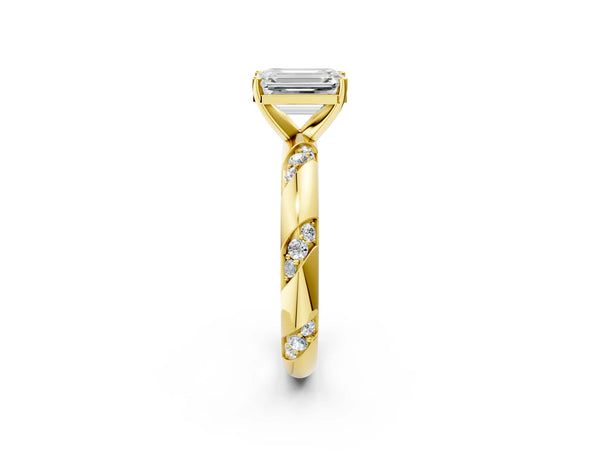 Yellow Gold Emerald Cut Twist Solitaire Engagement Ring Setting with Accented Shoulders