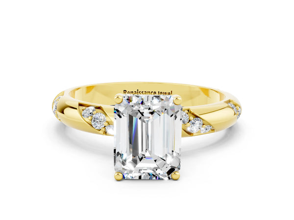Yellow gold Emerald Cut Moissanite Solitaire Engagement Ring with Twisted Round  Accent Band and Prong Setting