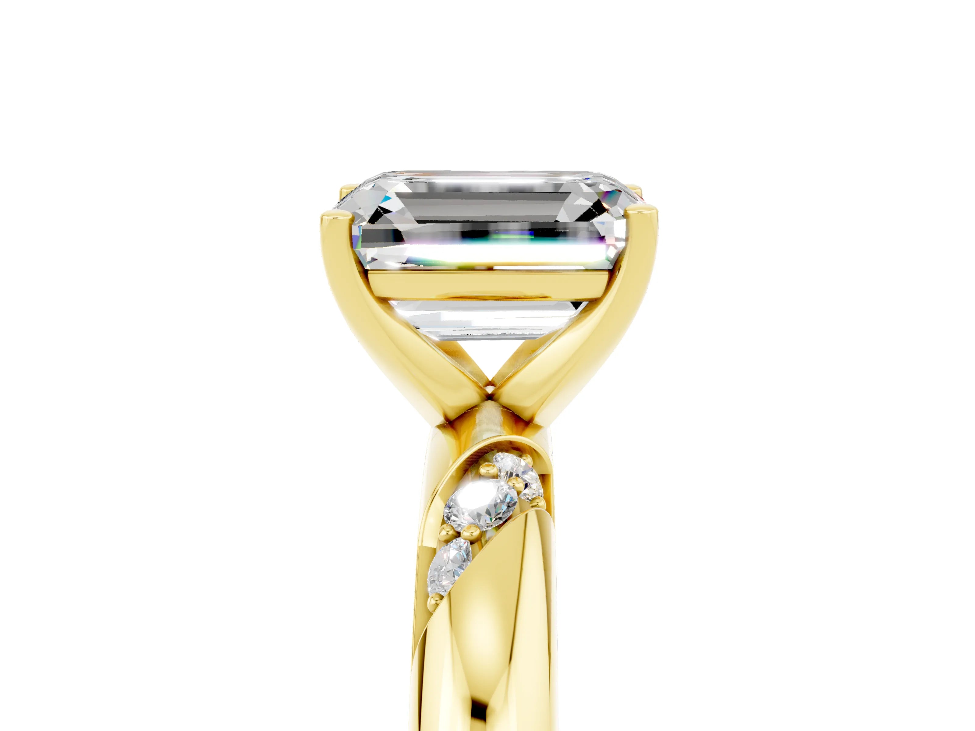 Yellow gold Emerald Cut Solitaire Diamond Engagement Ring with Twisted Pave Band and Four-Prong Setting_5