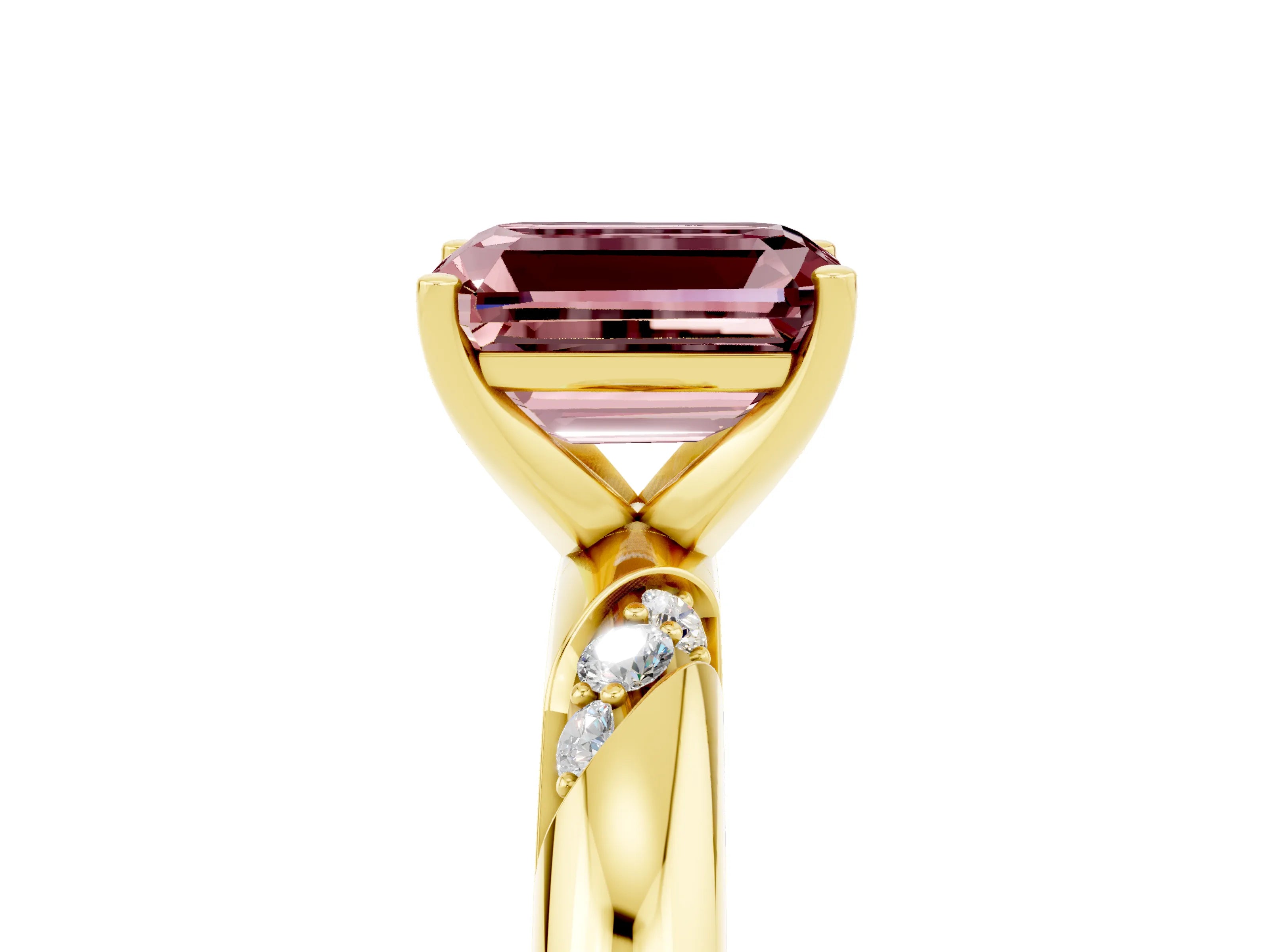 Yellow gold Emerald Cut Solitaire Diamond Engagement Ring with Twisted Pave Band and Four-Prong Setting_5