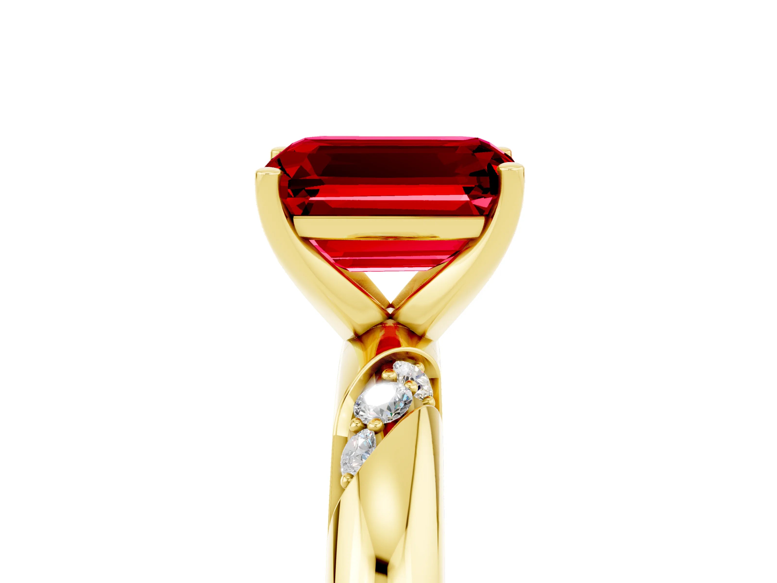 Yellow gold Emerald Cut Solitaire Diamond Engagement Ring with Twisted Pave Band and Four-Prong Setting_5