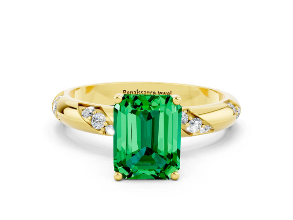 Yellow gold Emerald Cut Emerald Solitaire Engagement Ring with Twisted Round  Accent Band and Prong Setting