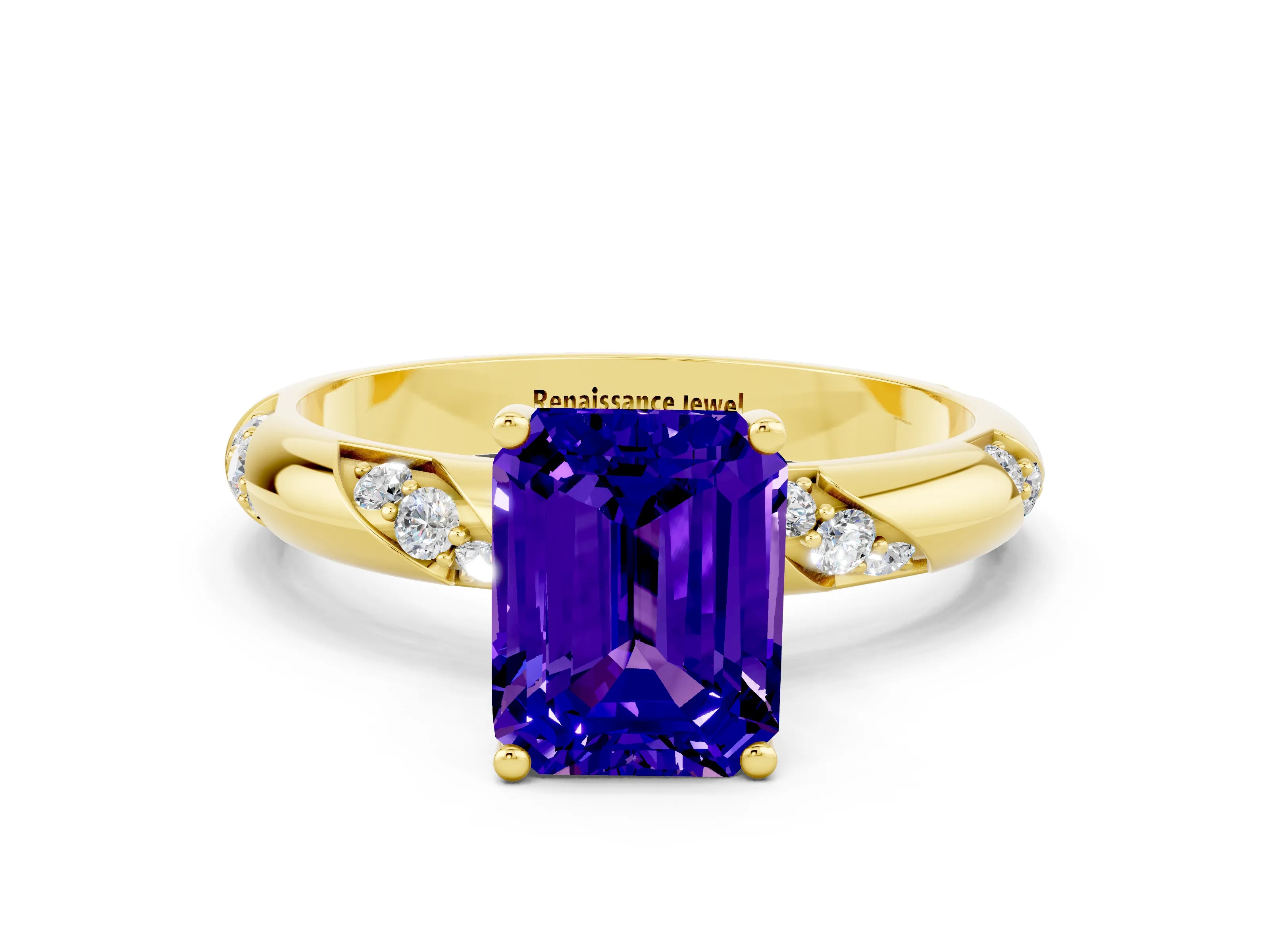 Yellow gold Emerald Cut Solitaire Diamond Engagement Ring with Twisted Pave Band and Four-Prong Setting