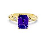 Yellow gold Emerald Cut Solitaire Diamond Engagement Ring with Twisted Pave Band and Four-Prong Setting