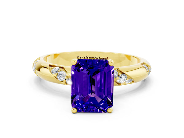 Yellow gold Emerald Cut Tanzanite Solitaire Engagement Ring with Twisted Round  Accent Band and Prong Setting