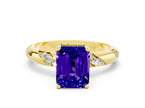 Yellow gold Emerald Cut Solitaire Diamond Engagement Ring with Twisted Pave Band and Four-Prong Setting
