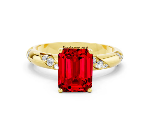 Yellow gold Emerald Cut Solitaire Diamond Engagement Ring with Twisted Pave Band and Four-Prong Setting