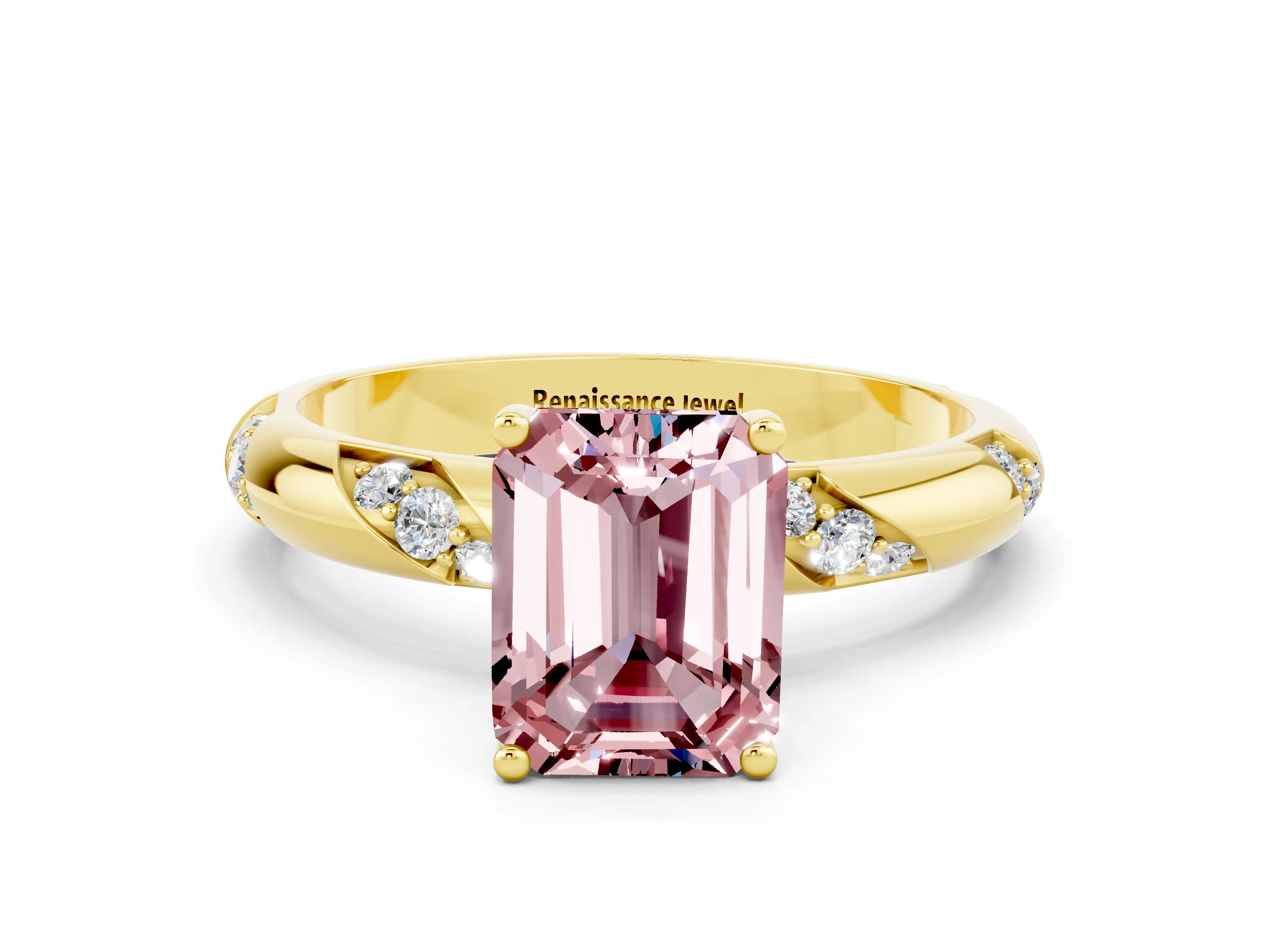 Yellow gold Emerald Cut Solitaire Diamond Engagement Ring with Twisted Pave Band and Four-Prong Setting