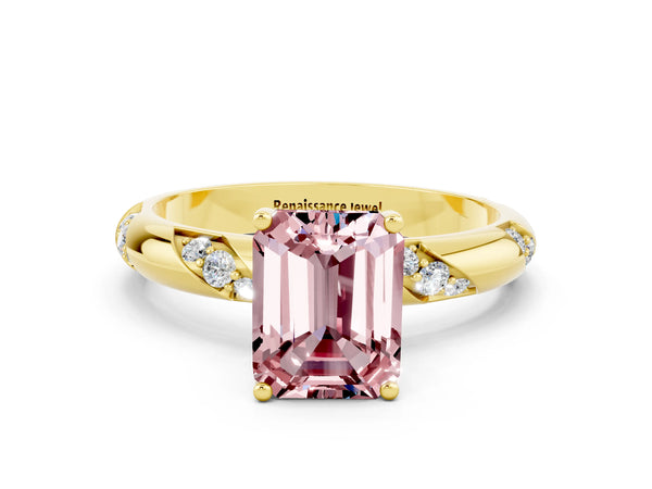 Yellow gold Emerald Cut Solitaire Diamond Engagement Ring with Twisted Pave Band and Four-Prong Setting