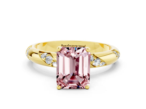 Yellow gold Emerald Cut Solitaire Diamond Engagement Ring with Twisted Pave Band and Four-Prong Setting