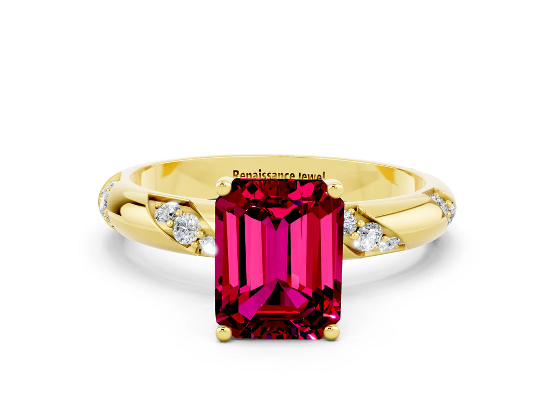 Yellow gold Emerald Cut Solitaire Diamond Engagement Ring with Twisted Pave Band and Four-Prong Setting