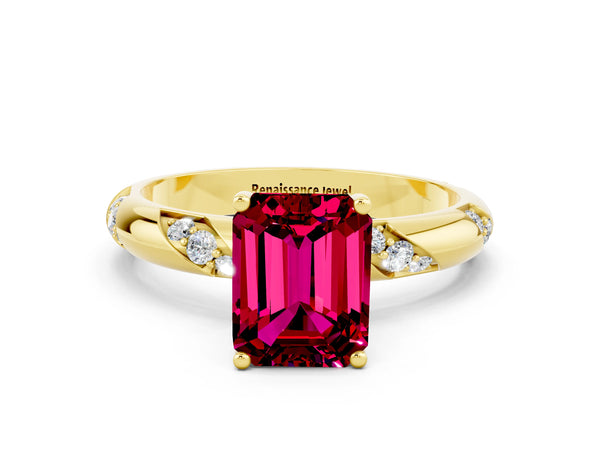 Yellow gold Emerald Cut Garnet Solitaire Engagement Ring with Twisted Round  Accent Band and Prong Setting