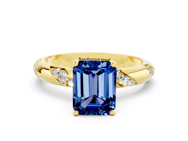 Yellow gold Emerald Cut Blue Sapphire Solitaire Engagement Ring with Twisted Round  Accent Band and Prong Setting
